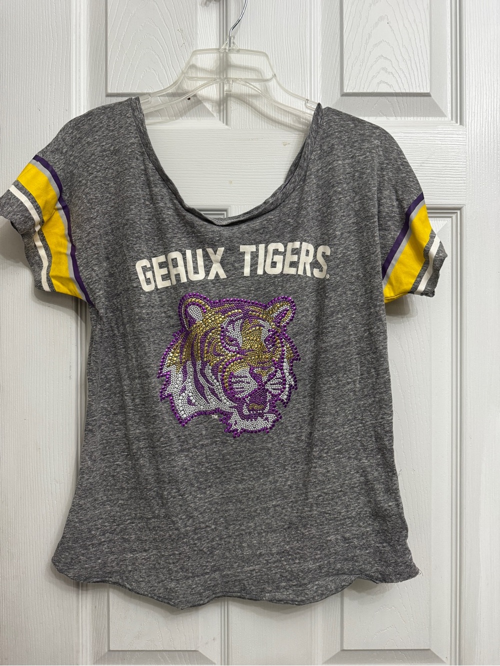 Geaux Tigers Gray Tee with beaded Tiger and Yellow & Purple Accents